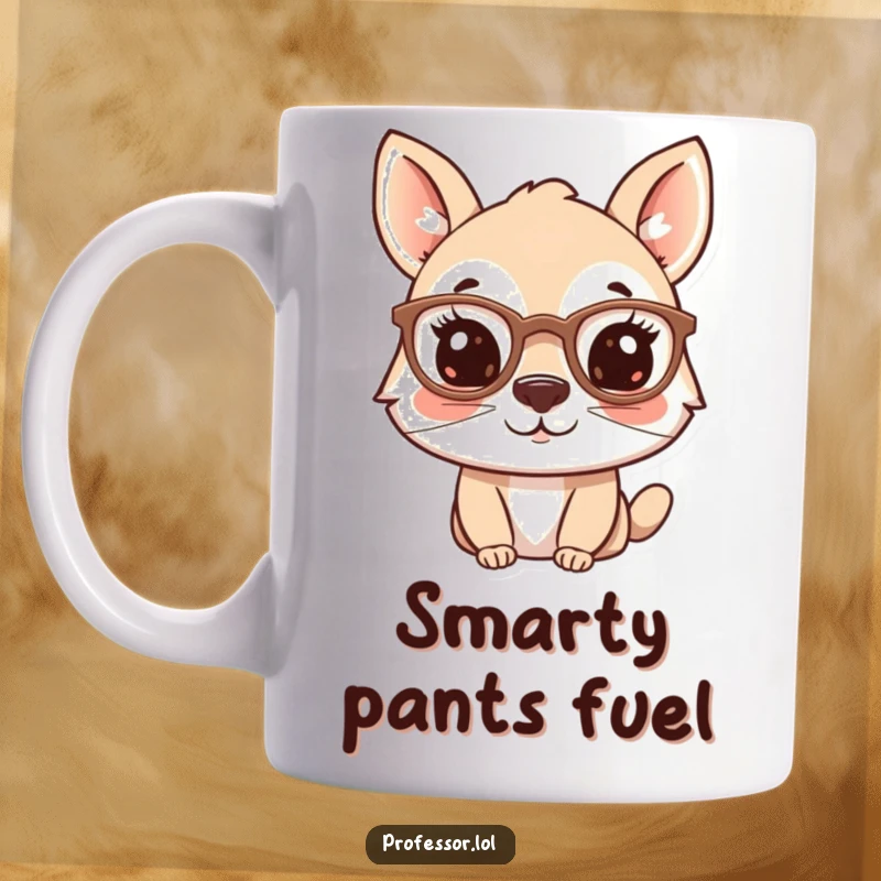 Funny mug featuring a cute animal character playfully wearing spectacles perched on its nose, exuding intelligence and charm.