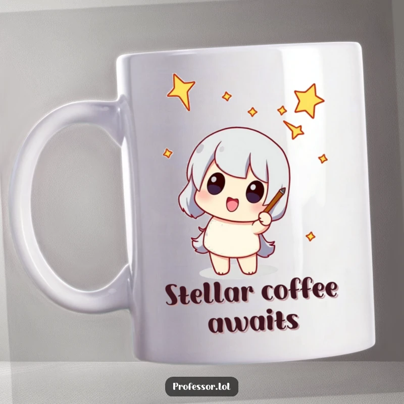 Funny mug with a character using a pointer to highlight a funny-shaped constellation, celebrating cosmic humor and exploration.