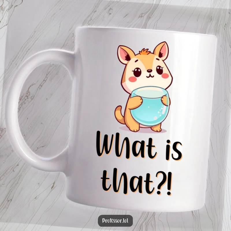 Funny cute animal character with wide eyes and open mouth surprised by a glowing, floating beaker of liquid.