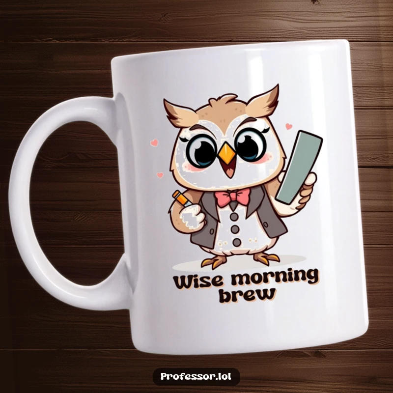 Funny Kawaii owl professor character excitedly explaining a concept with a large chalk, on a ceramic mug.