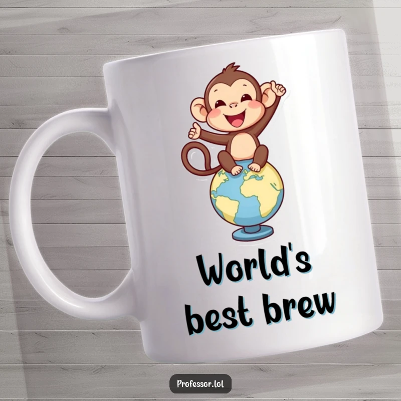 Funny delighted monkey character joyfully balancing on a globe, celebrating travel and adventure on this mug.