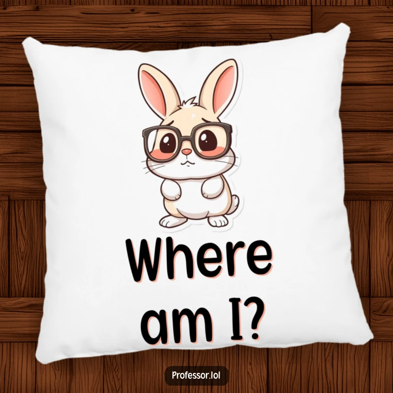 Funny pillow with a surprised rabbit wearing large spectacles, looking confused, offering comfort and humor.