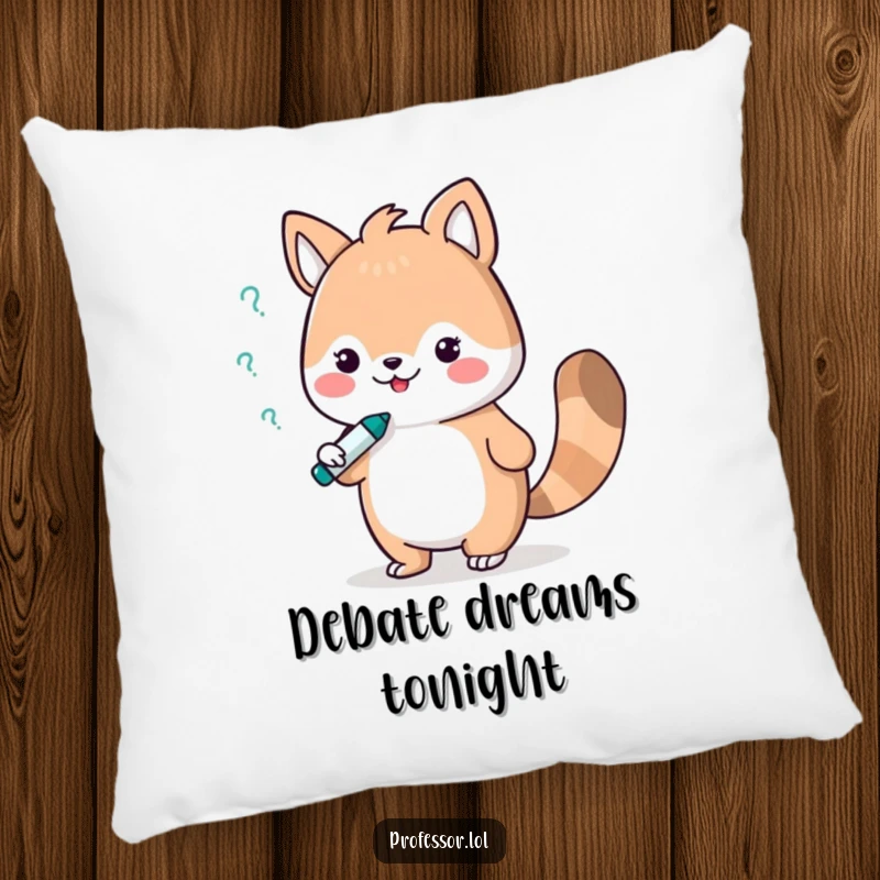 Funny pillow showcasing a cute animal character in a comical debate with a whiteboard marker, perfect for adding a touch of wit and comfort.