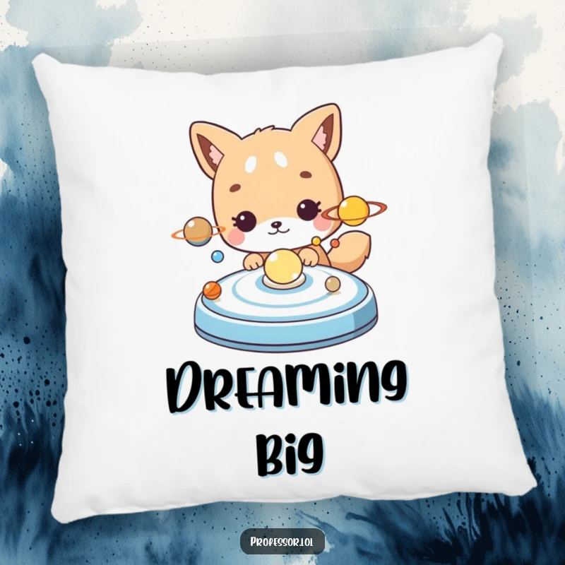 Funny cute animal character examining a model of the solar system, soft and comfortable pillow.