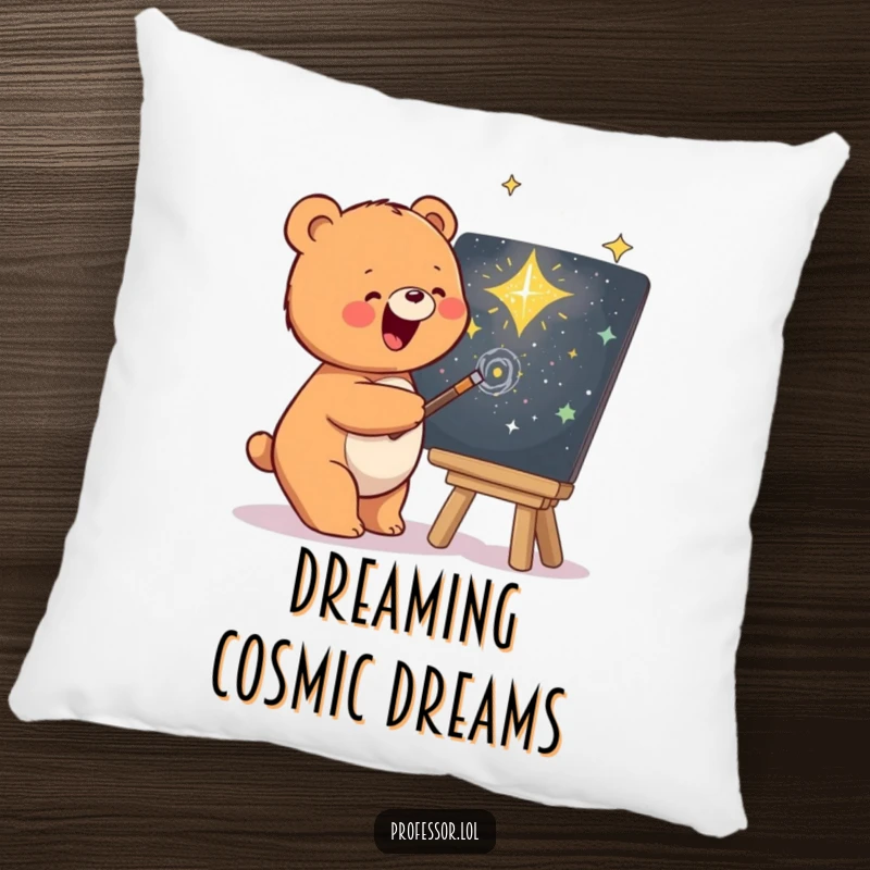 Funny pillow with a happy bear artist sketching a beautiful galaxy on a chalkboard, adding comfort and art.
