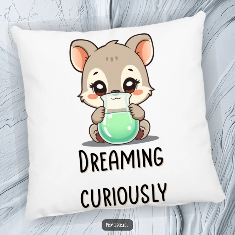 Funny pillow featuring a curious animal character examining a bubbling beaker, providing comfort and a humorous scientific touch.