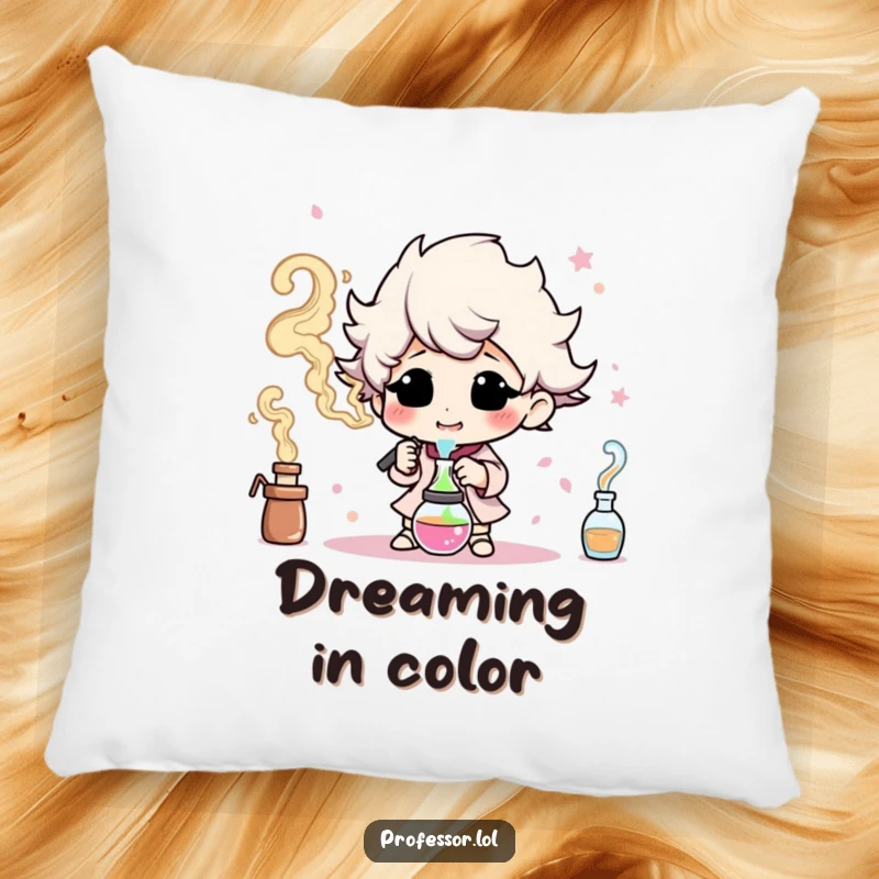 Funny pillow with a character happily experimenting and creating colorful smoke, offering comfort and creative humor.