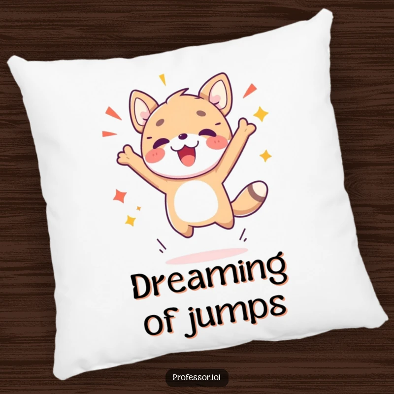 Funny pillow featuring a cute animal character joyfully leaping, celebrating a moment of breakthrough or a significant personal achievement.