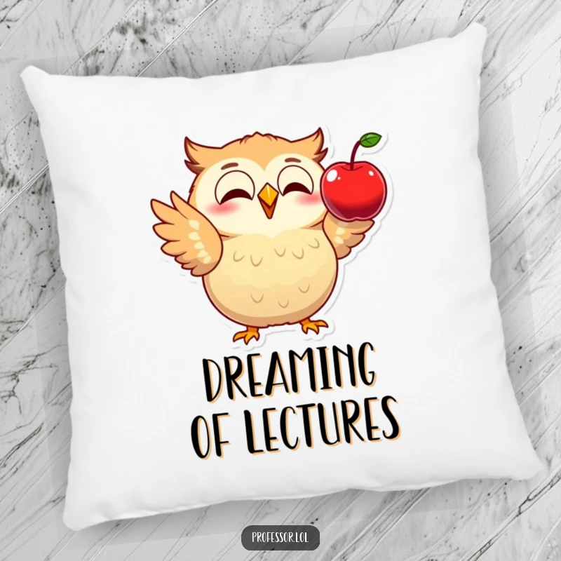 Funny pillow with an excited owl demonstrating physics with a falling apple, providing a soft and humorous decorative accent.