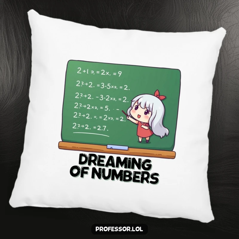 Funny pillow showing a character pointing to complex mathematical equations on a chalkboard, adding smart comfort.