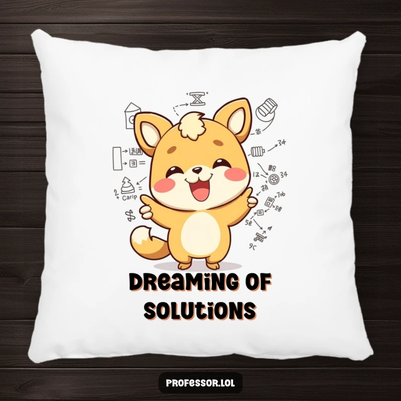 Funny kawaii animal character pointing at a complex diagram with a wide smile, a humorous pillow for thinkers. Soft and smart.