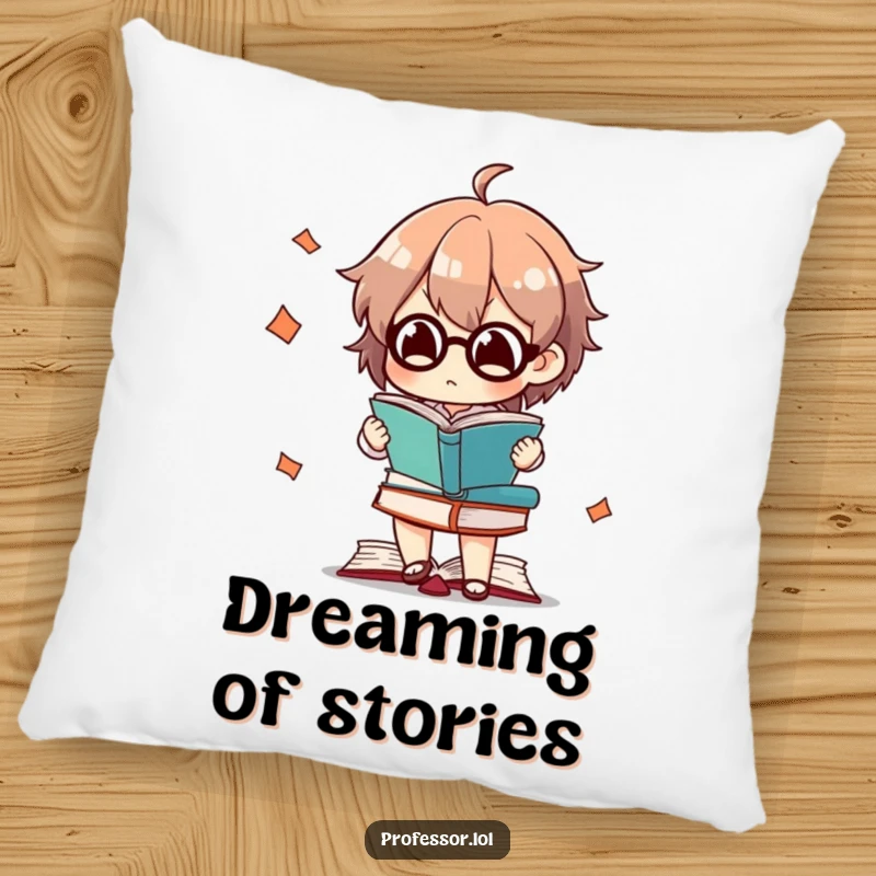 Funny pillow depicting a character concentrating intensely while juggling books, adding literary humor to decor.