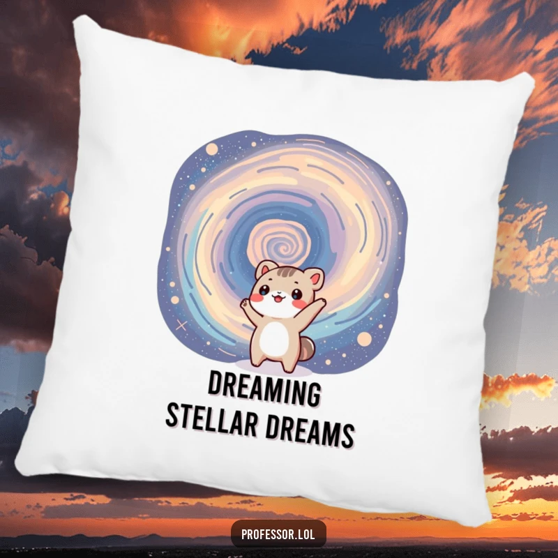 Funny pillow featuring a small, excited animal character gesturing towards a colorful, swirling galaxy, creating a cozy and humorous atmosphere.