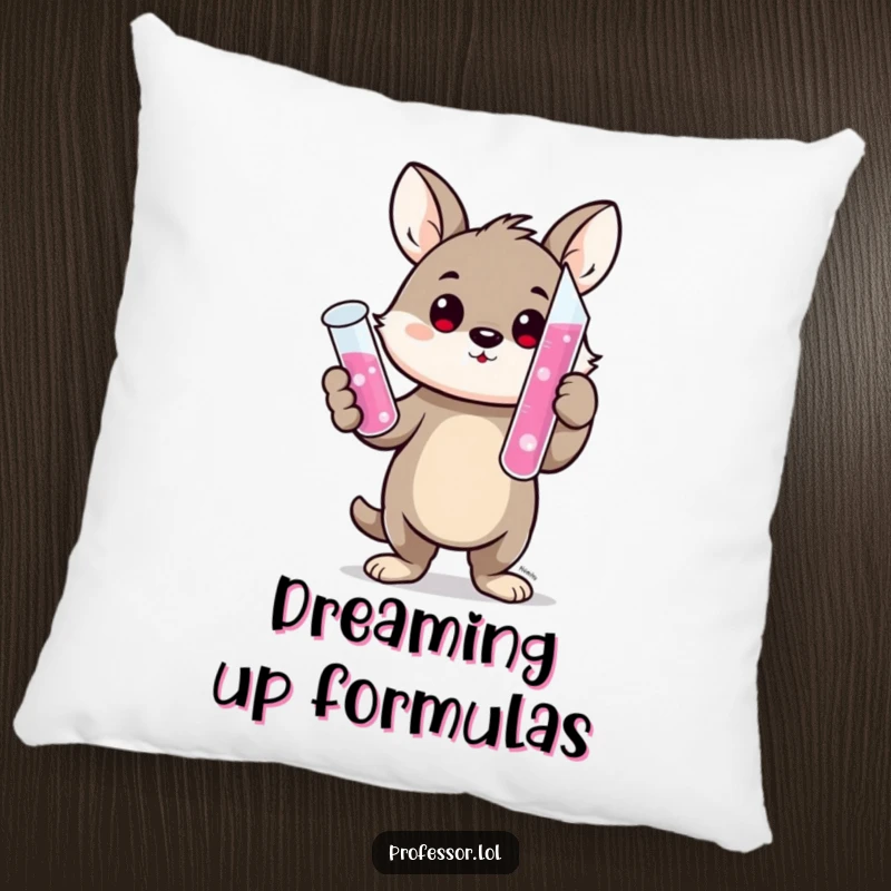 Funny pillow featuring a cute animal character proudly holding a bubbling test tube, perfect for cozying up with a science theme.
