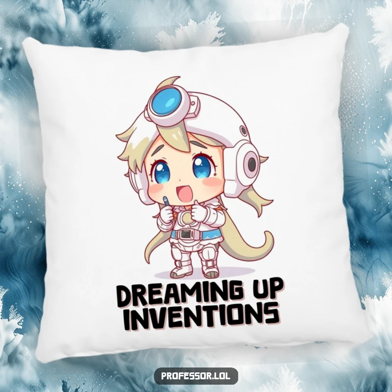 Funny pillow with a character joyfully examining a complex model, designed for ultimate comfort.
