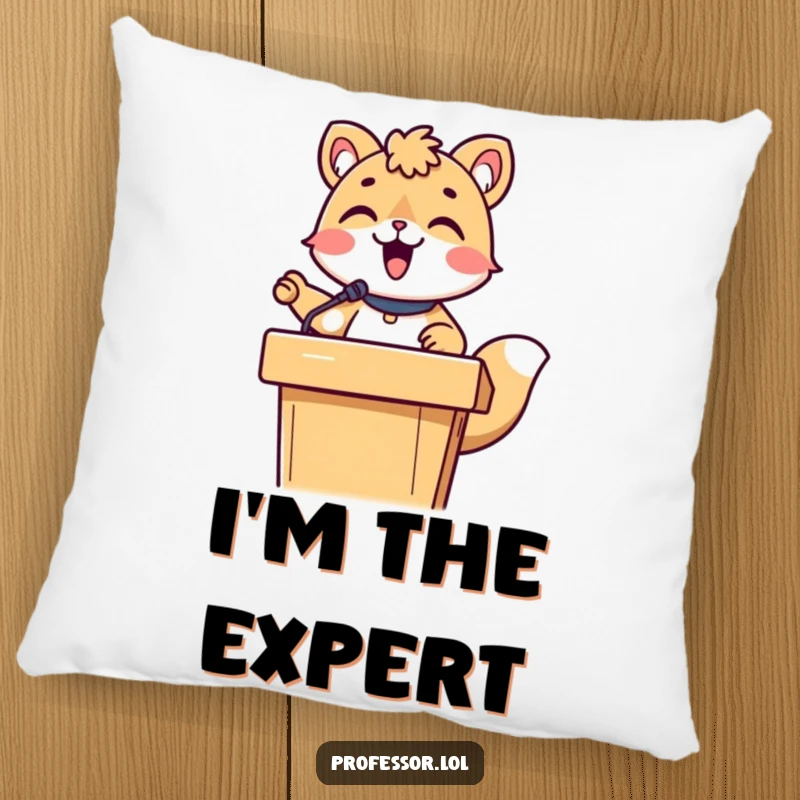 Funny cute animal character lecturing enthusiastically from behind a podium, rendered on a soft, comfortable pillow.