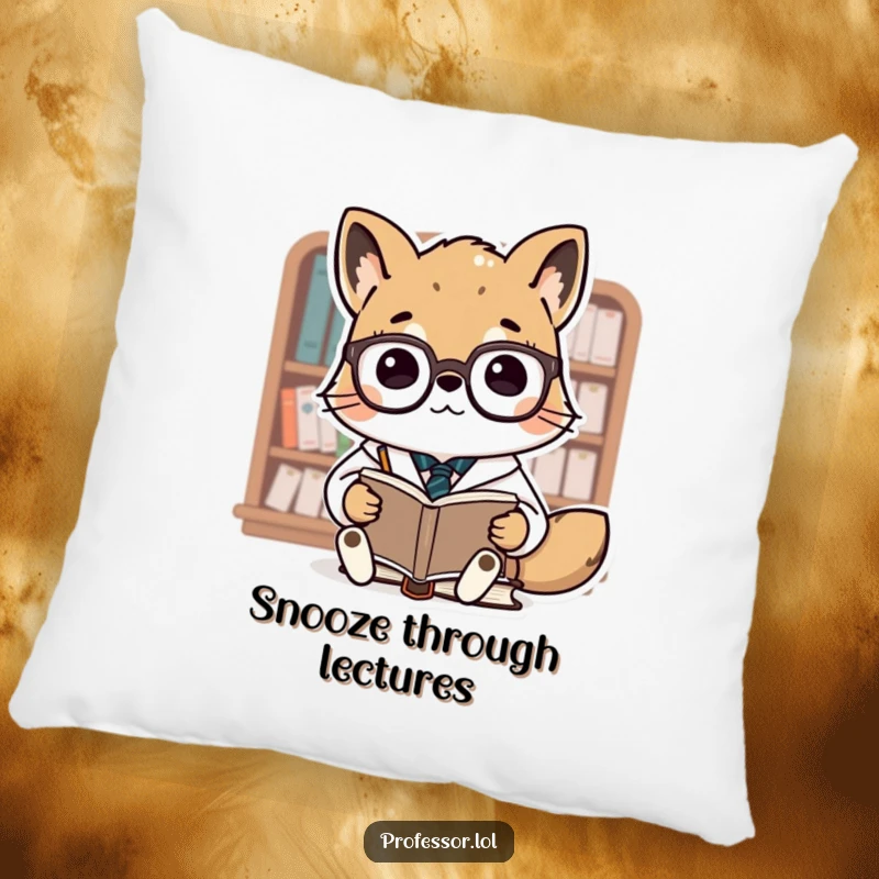 Funny Animal Professor Pillow: A cute professor animal wearing spectacles lectures tiny books, offering cozy comfort and academic humor.