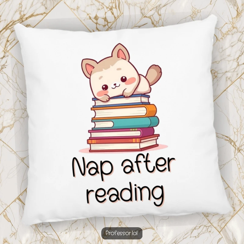 Funny cute animal character comically tripping over a stack of books, soft and comfortable pillow.