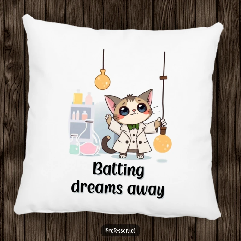 Funny Cat Professor Pillow: A curious cat professor bats at a dangling pendulum in a laboratory, a soft and hilarious decorative pillow.