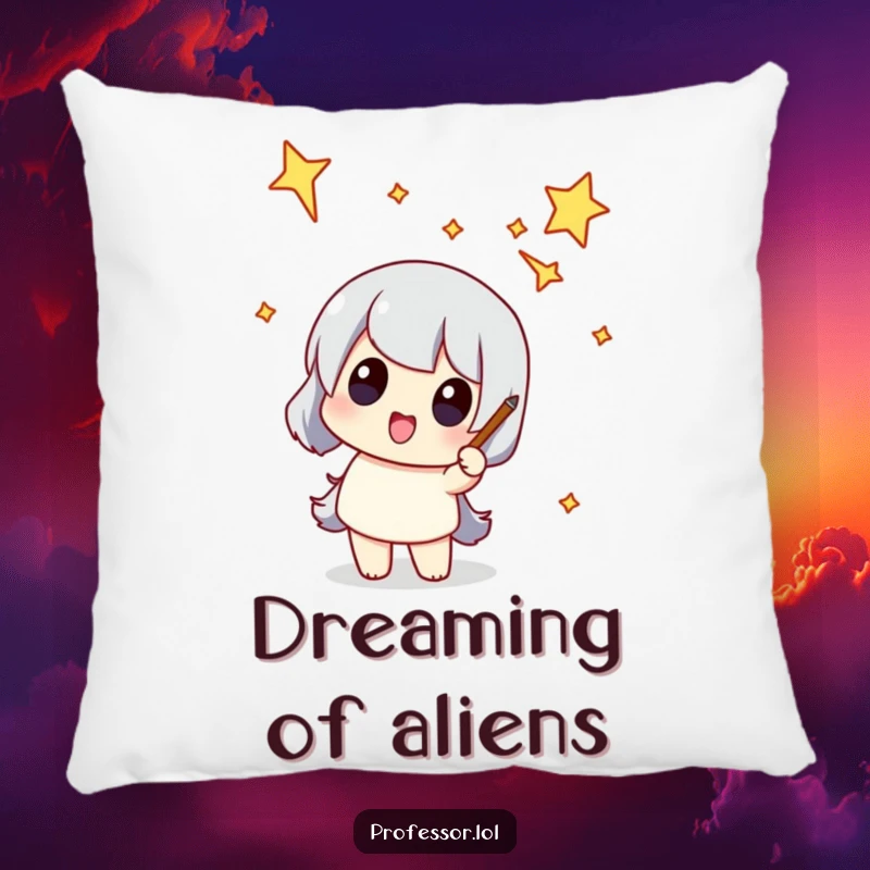 Funny pillow with a character pointing to a funny-shaped constellation, offering comfort and cosmic humor.