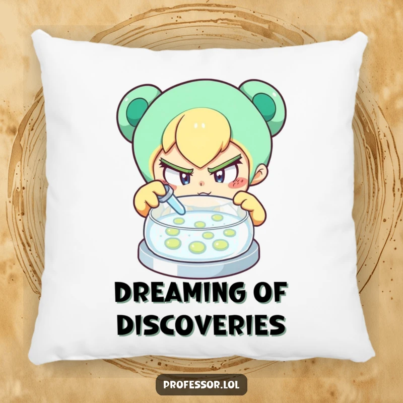 Funny pillow with a determined character curiously examining a petri dish, offering comfort and scientific humor.