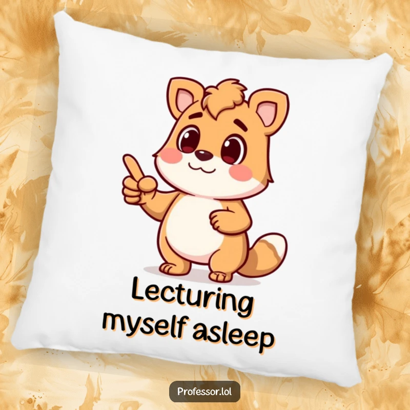 Funny pillow featuring a determined animal character lecturing animatedly with a pointer, providing comfort and a humorous authoritative touch.
