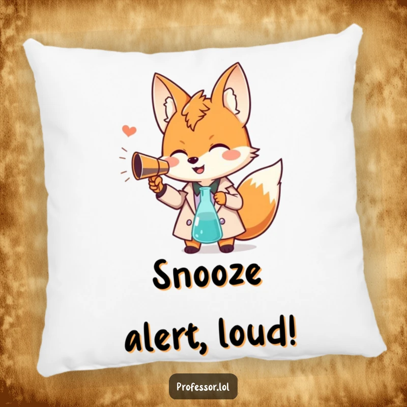 Funny Kawaii fox professor pillow, giggling character with beaker megaphone, soft and humorous home decor, ideal cozy gift.