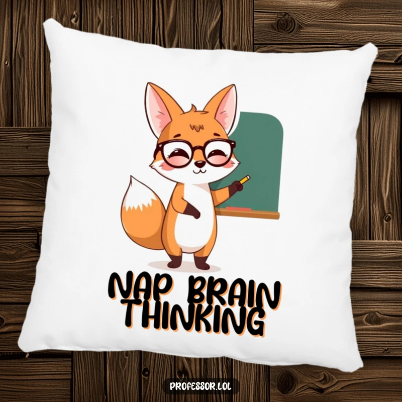 Funny giggling fox character wearing spectacles, pointing at a chalkboard, looking wise and cozy on this decorative pillow.