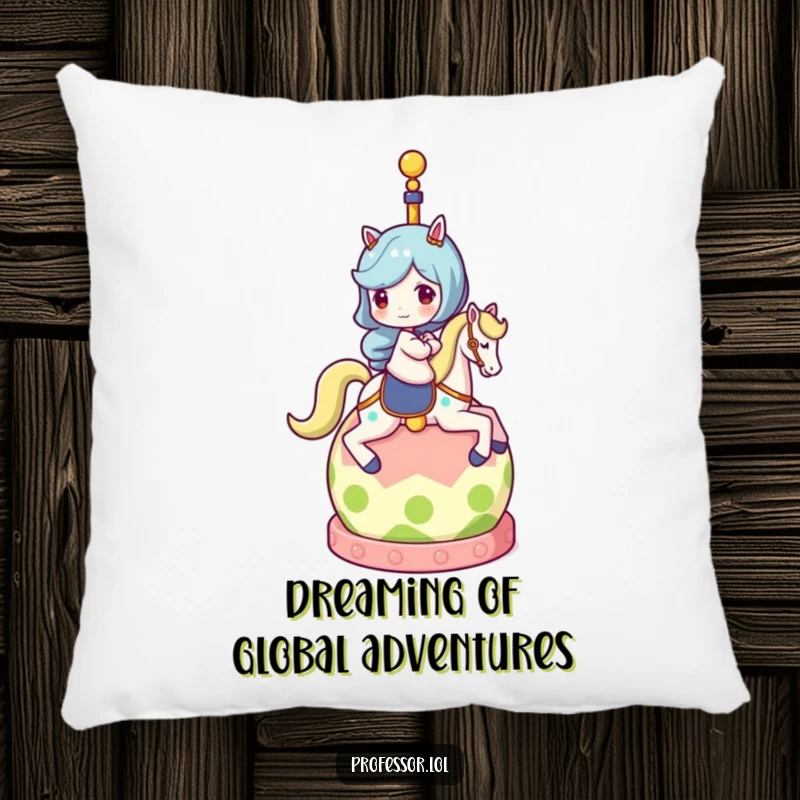 Funny pillow showing a character riding atop a rolling globe, offering comfort and a humorous, travel-themed accent.