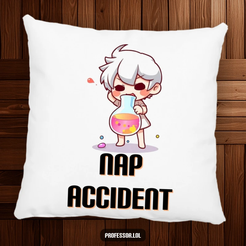 Funny pillow depicting a startled character and a dropped beaker of colorful liquid, bringing humor to decor.