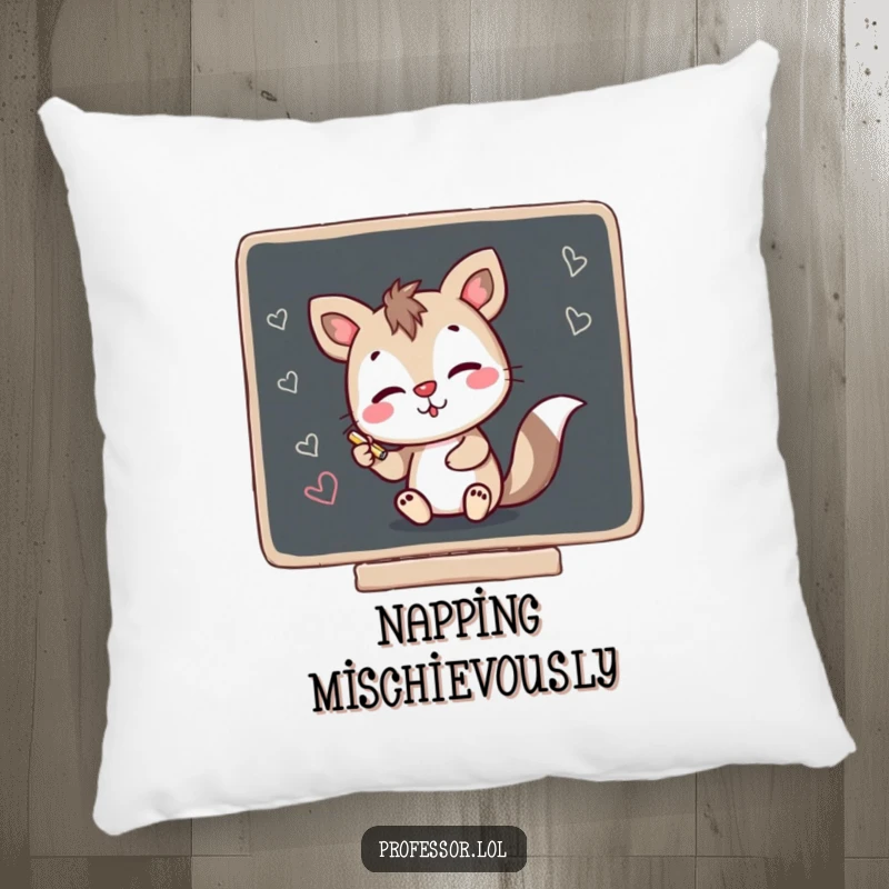 Funny pillow featuring a mischievous animal character creating chalk scribbles on a blackboard, providing comfort and a humorous accent.
