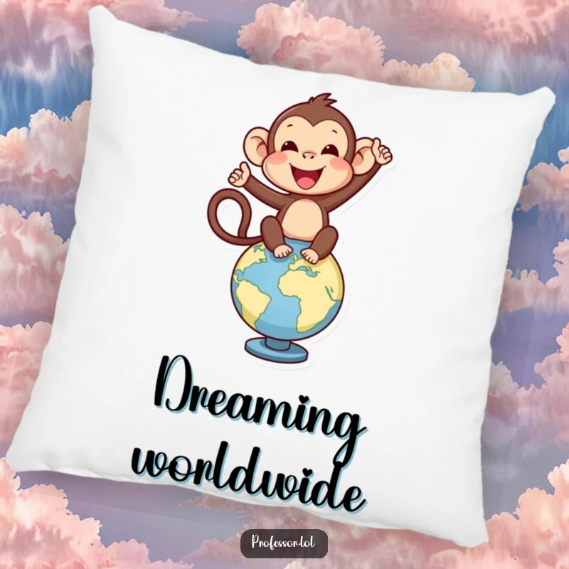 Funny delighted monkey character balancing on a globe, looking adventurous and cozy on this decorative pillow.
