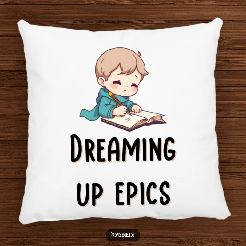 Funny pillow with an inspired character using a quill to write quickly, designed for comfort.