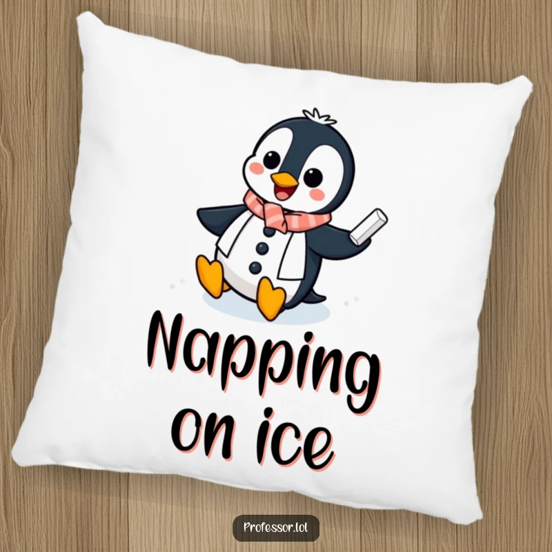 Funny Penguin Professor Pillow: A cheerful penguin professor slides on an icy chalkboard, a soft and hilarious decorative pillow.