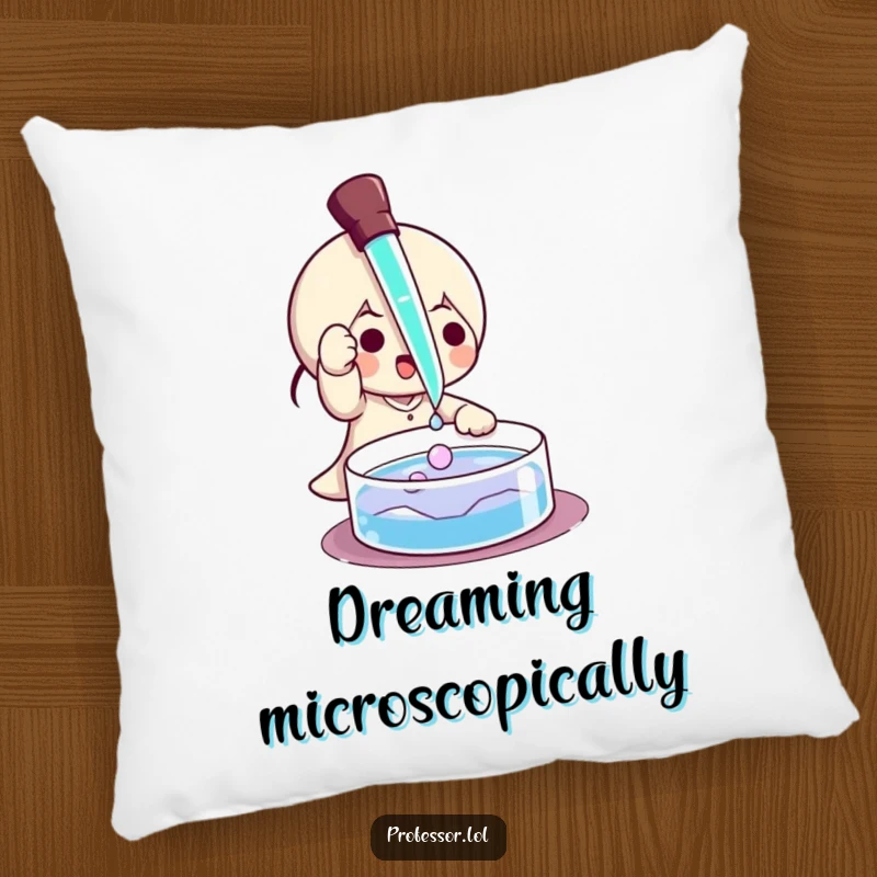 Funny pillow depicting a character playfully using a pipette to drip liquid onto a petri dish, adding science humor.