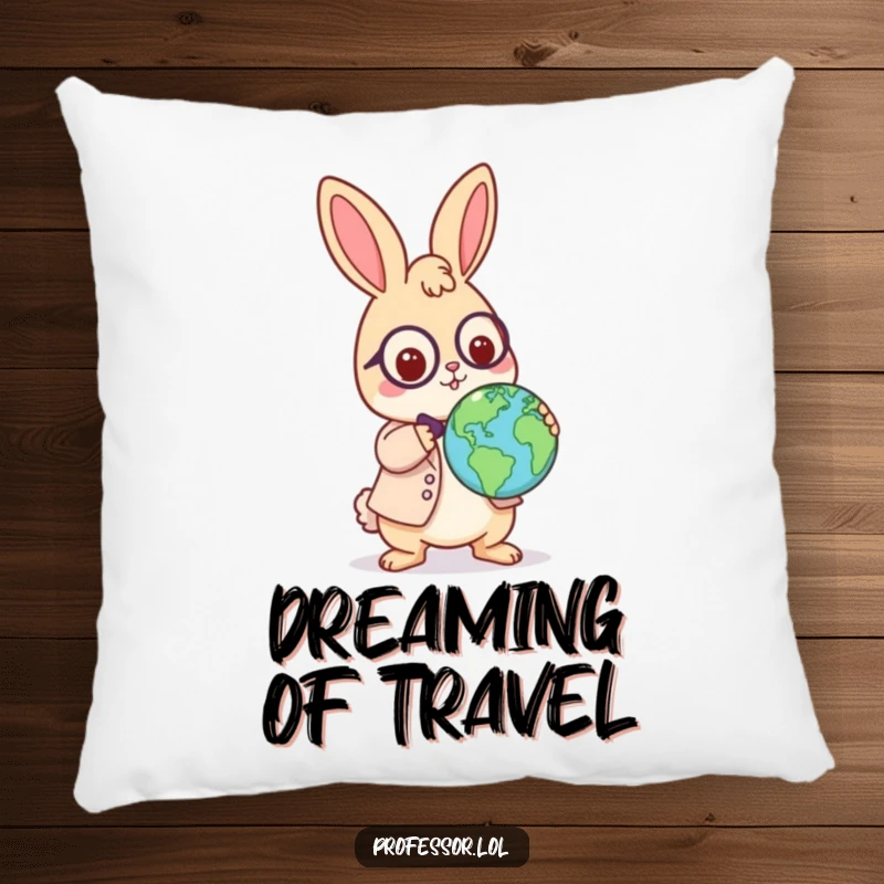 Funny Kawaii rabbit professor pillow, playful character balancing a globe on its nose, soft and humorous home decor, ideal cozy gift.