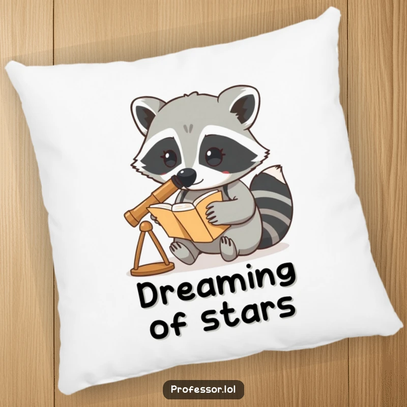 Funny pillow featuring a curious raccoon character using a telescope to look at a book, bringing comfort and whimsy.