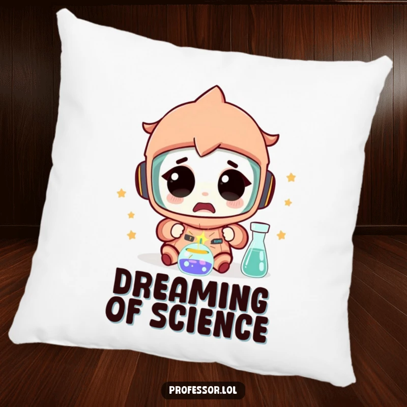 Funny Science Pillow: A plush cushion displays a character looking amazed at a tiny spark from an experiment, perfect for relaxation.