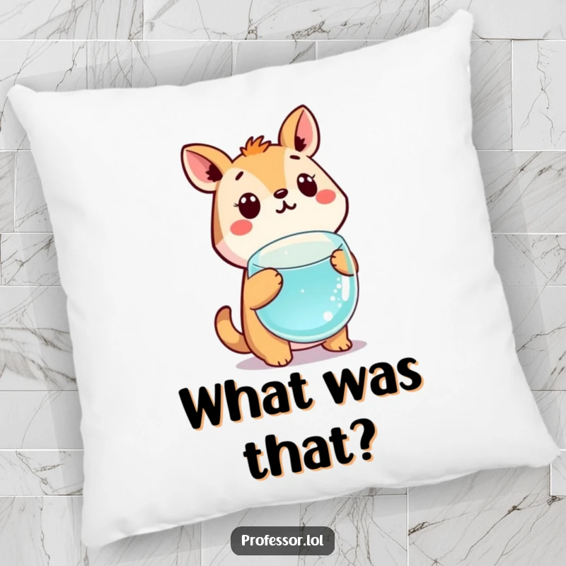 Funny cute animal character expressing surprise at a floating science beaker, plush pillow design.