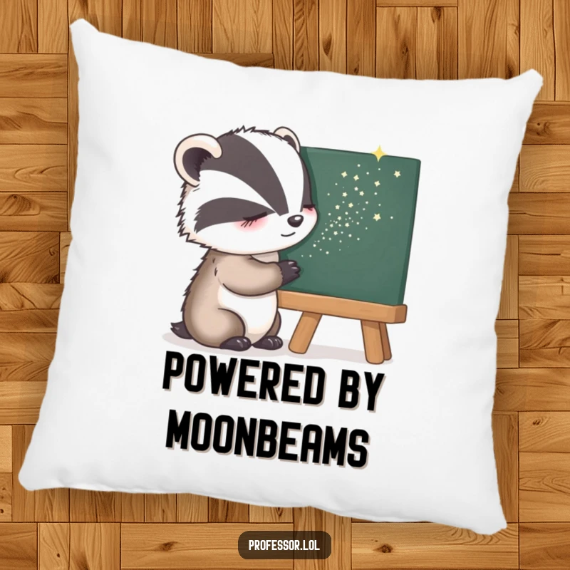 Funny Pillow featuring a sleepy badger sprinkling magical stardust onto a blackboard, offering comfort and whimsical decor.