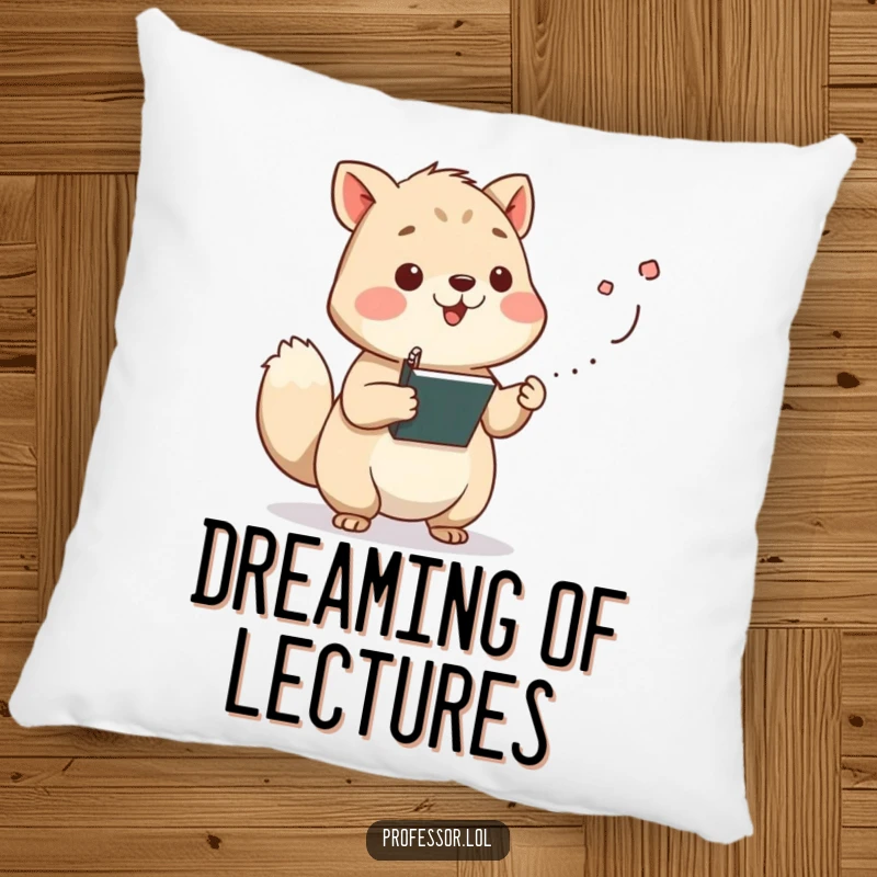 Funny wise animal character lecturing with chalk dust flying from its paw, a humorous pillow for educators. Soft and wise.