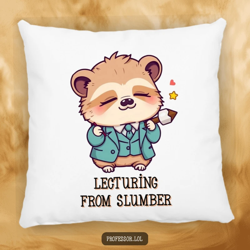 Funny Kawaii sloth professor dozing off while holding a lecture pointer, designed as a soft and humorous decorative pillow, perfect for relaxation.
