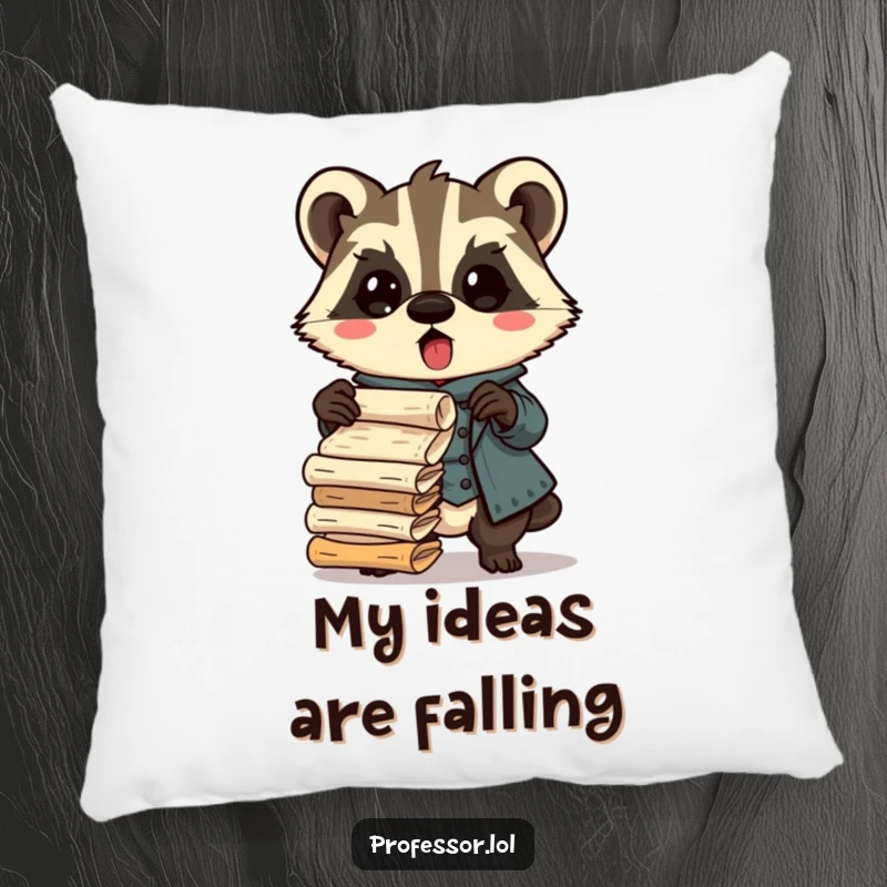 Funny Kawaii badger professor pillow, surprised character dropping ancient scrolls, soft and humorous home decor, ideal cozy gift.
