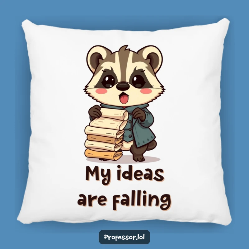 Funny Badger Professor Pillow: Cozy Surprised Scholar Dropping Scrolls, Gift
