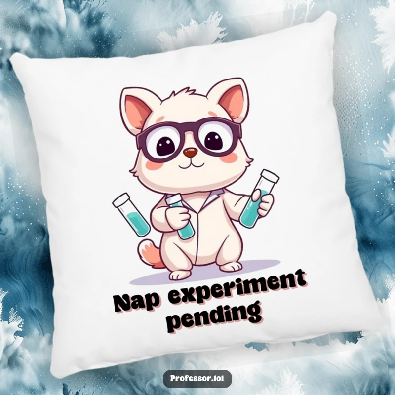 Funny pillow featuring a cute animal character engrossed in playfully juggling glowing test tubes, offering comfort with a dose of humor.