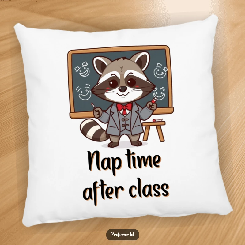 Funny Kawaii raccoon professor drawing funny faces on a blackboard, designed as a soft and humorous decorative pillow, perfect for relaxation.
