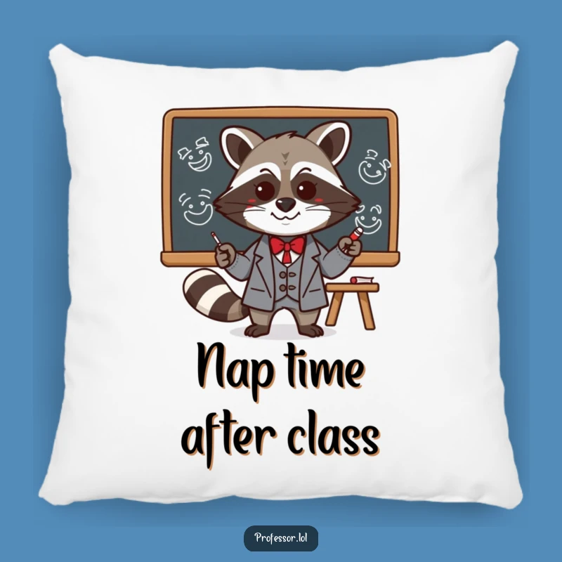 Funny Kawaii Raccoon Professor Pillow: Cozy Mischief Blackboard Art Cushion