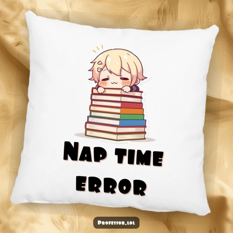 Funny pillow depicting a surprised character comically stumbling over a heap of books, offering comfort and a dose of humor.