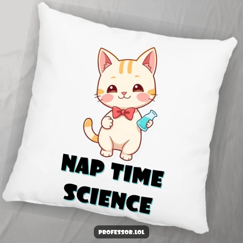 Funny pillow featuring a playful cat character wearing a bow tie and holding a small beaker, looking smart and cozy.