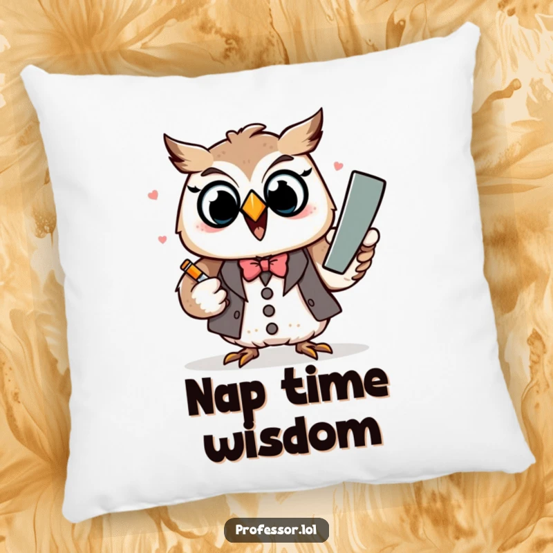 Funny Kawaii owl professor character excitedly explaining with chalk, printed on a plush accent pillow.